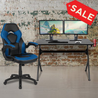 Flash Furniture BLN-X10D1904-BL-GG Black Gaming Desk and Blue and Black Racing Chair Set with Cup Holder, Headphone Hook & 2 Wire Management Holes